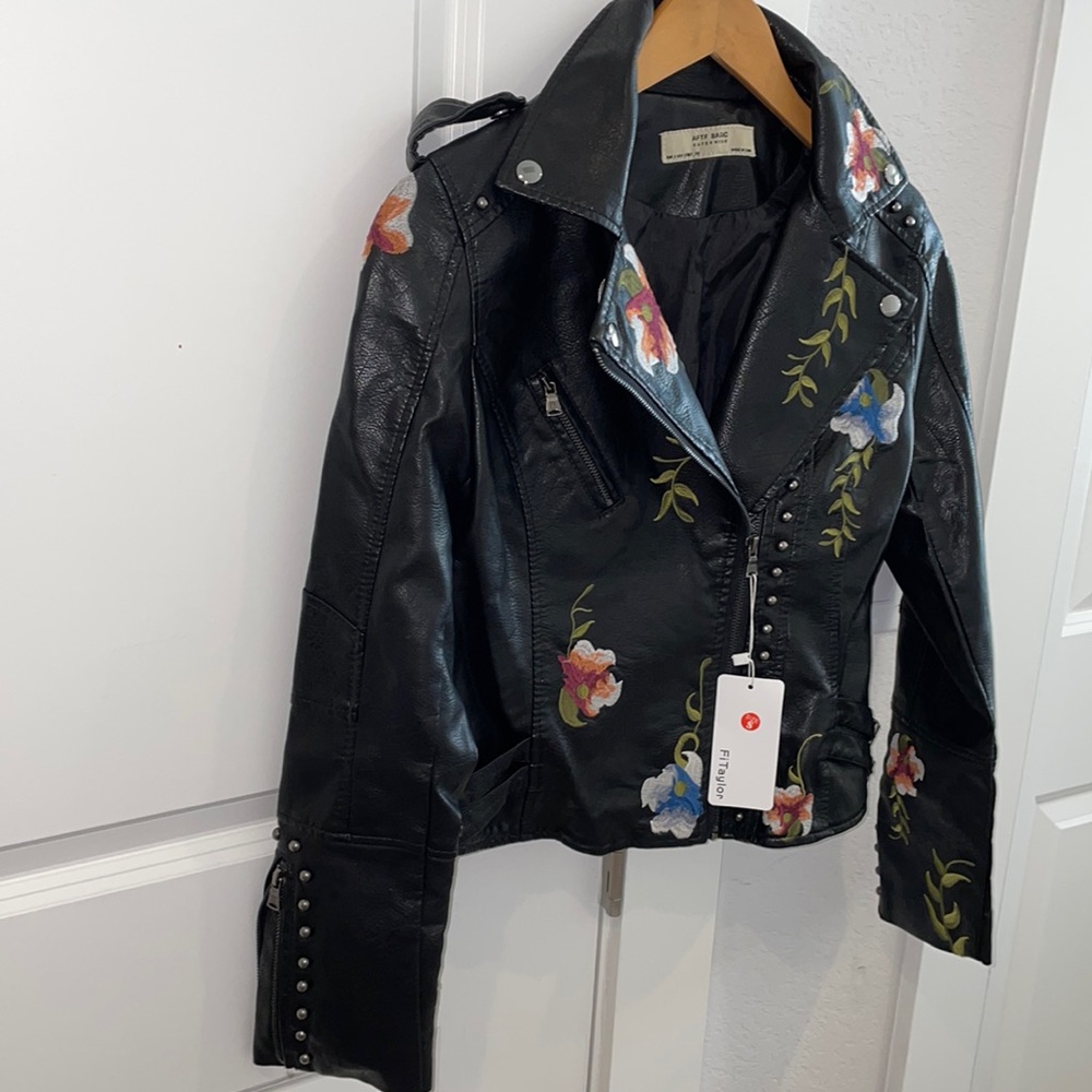 Faux Leather Black Embroidered Jacket NWT